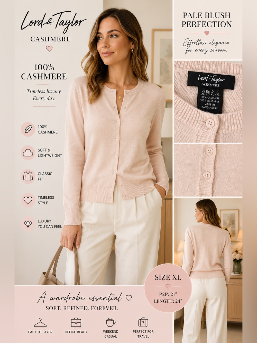 Lord & Taylor 100% Cashmere Cardigan Sweater Pale Blush Pink XL Luxury Knit - Picture 1 of 5